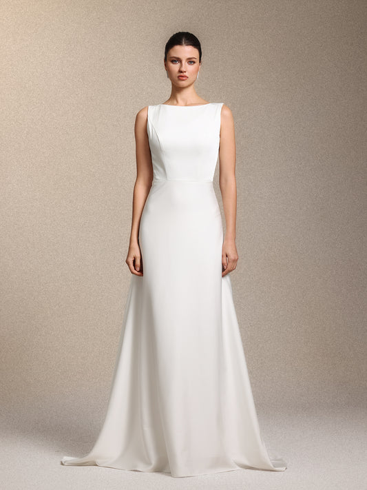 Vestido de Noiva Nanci Clássico Sem Mangas Costas Nuas em Cetim Branco com Cauda