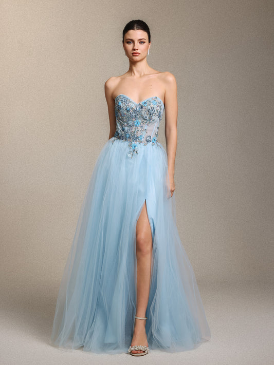 Vestido Maxi Geraldine em Tule com Aplicações Florais