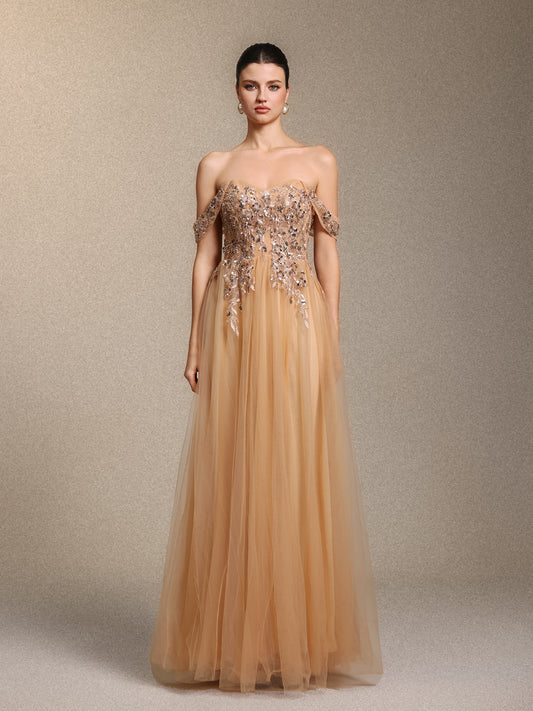 Vestido Maxi Krystal Cintura Marcada Ombro a Ombro com Paetê e Aplicações Florais em Tule