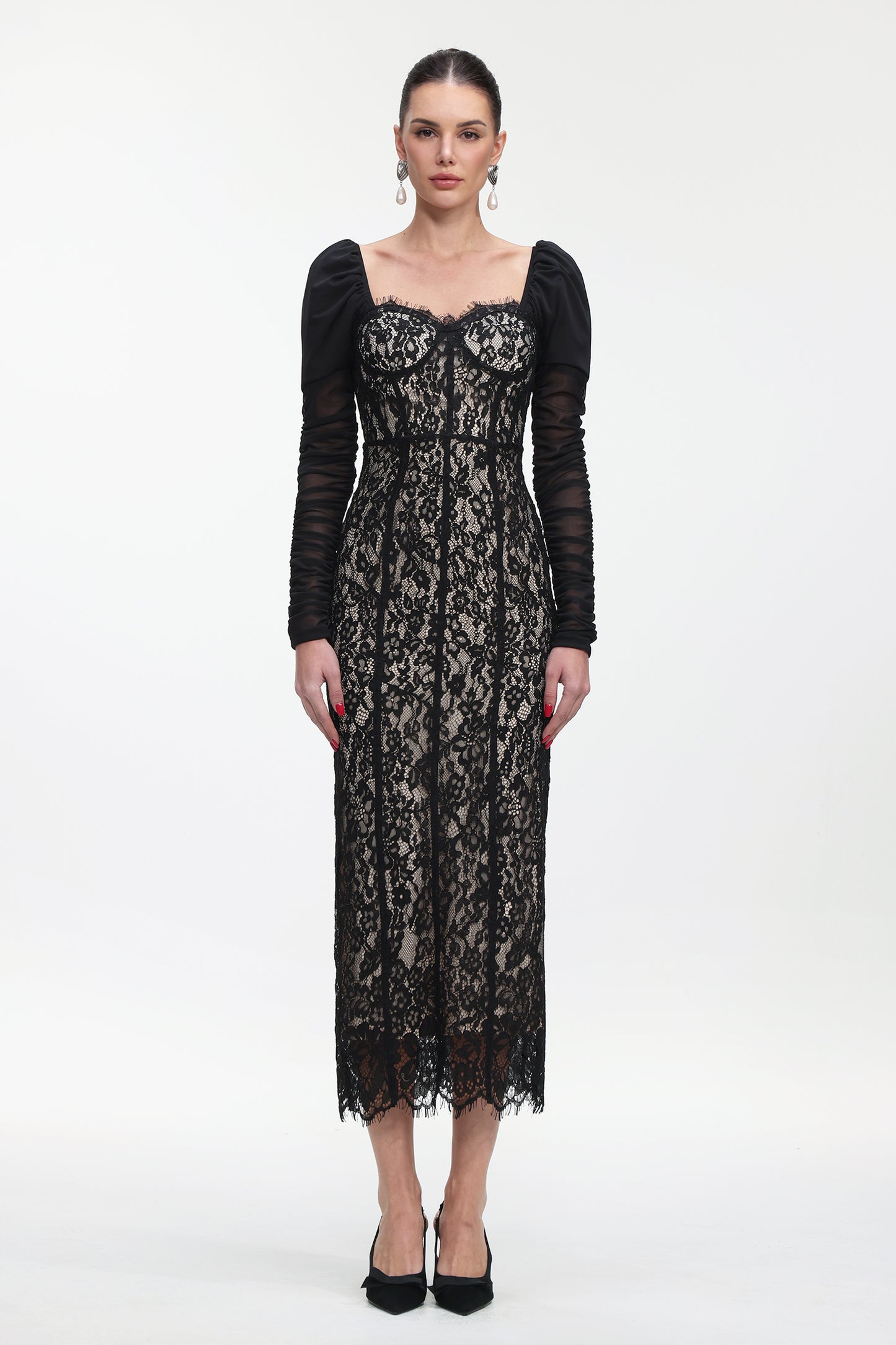 Vestido Maxi Fenby Renda Franzida Manga Longa