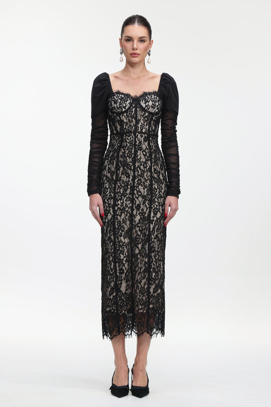 Vestido Maxi Fenby Renda Franzida Manga Longa