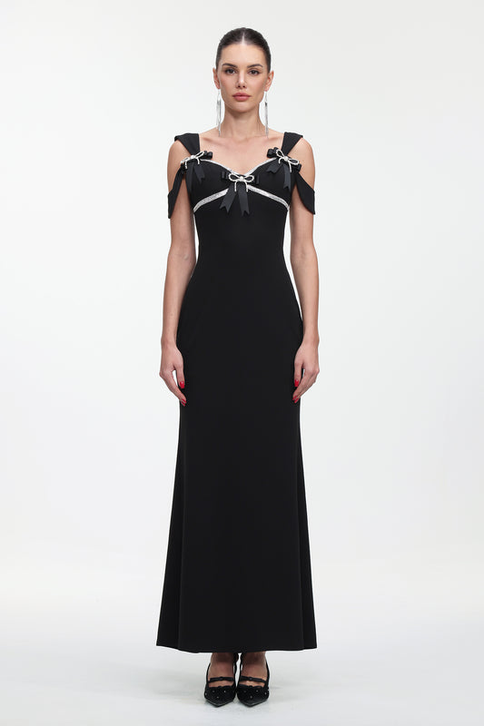 Vestido Maxi Faran com Laço e Aplicações de Cristais