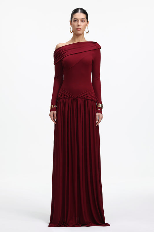 Vestido Maxi Lala com Ombro a Ombro e Manga Longa
