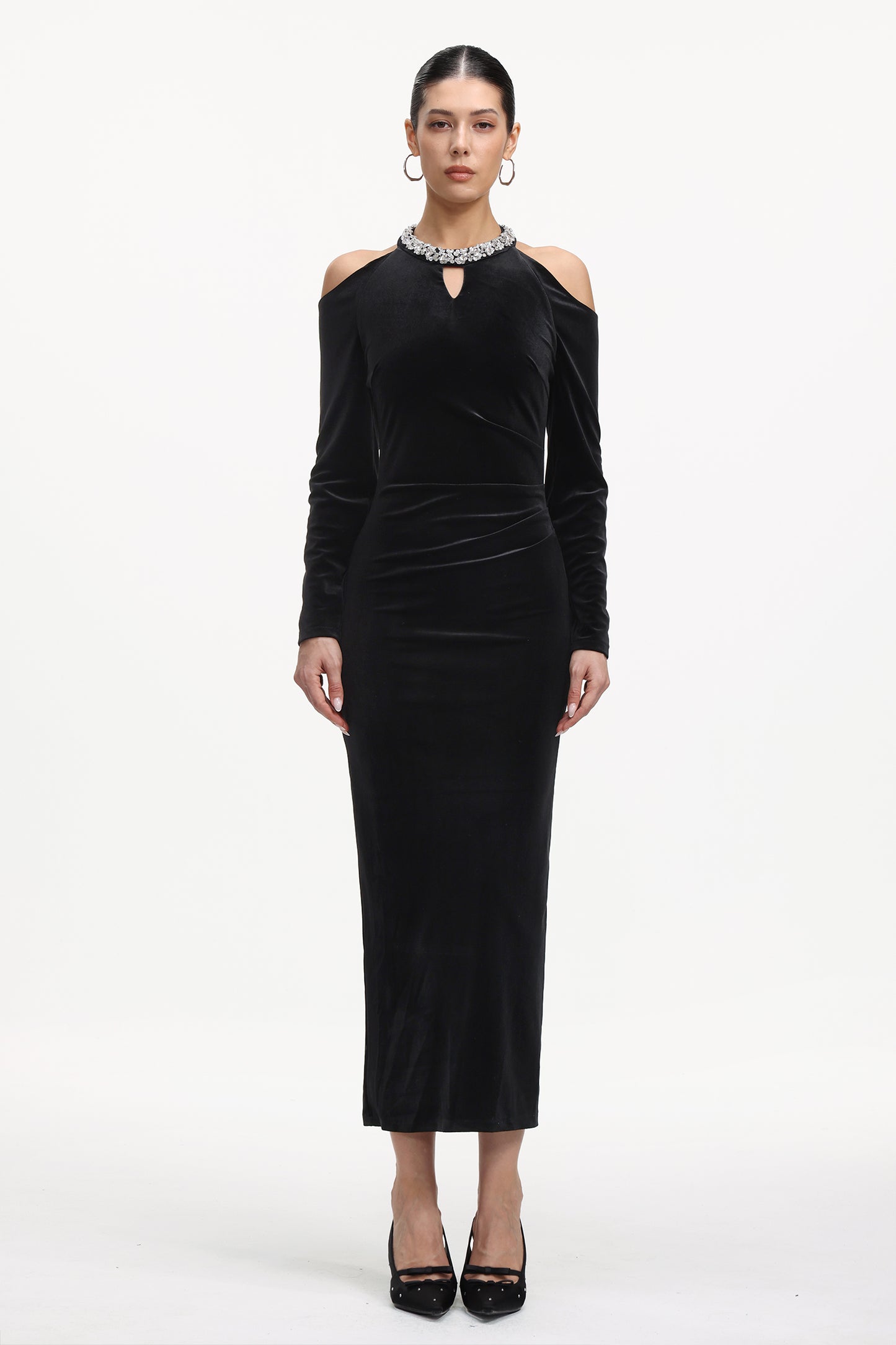 Vestido Maxi Dolcie com Strass e Cortes em Veludo