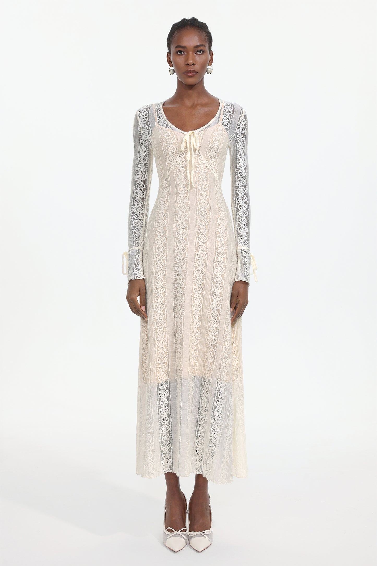 Vestido Maxi Katya Romântico com Renda e Laço — Branco