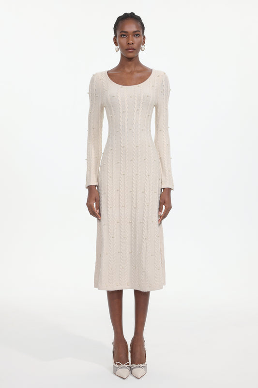 Vestido Maxi Roseau Elegante com Mangas Longas em Tricô