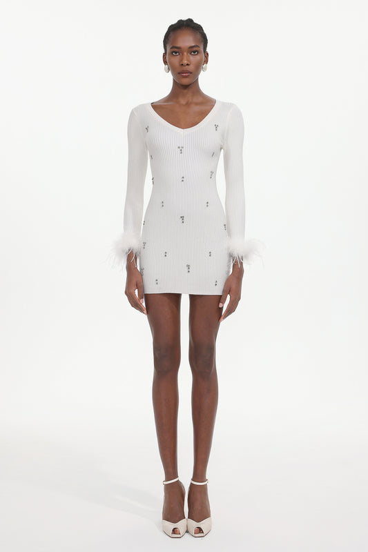 Vestido Mini Moua em Tricô com Strass e Penas - Branco