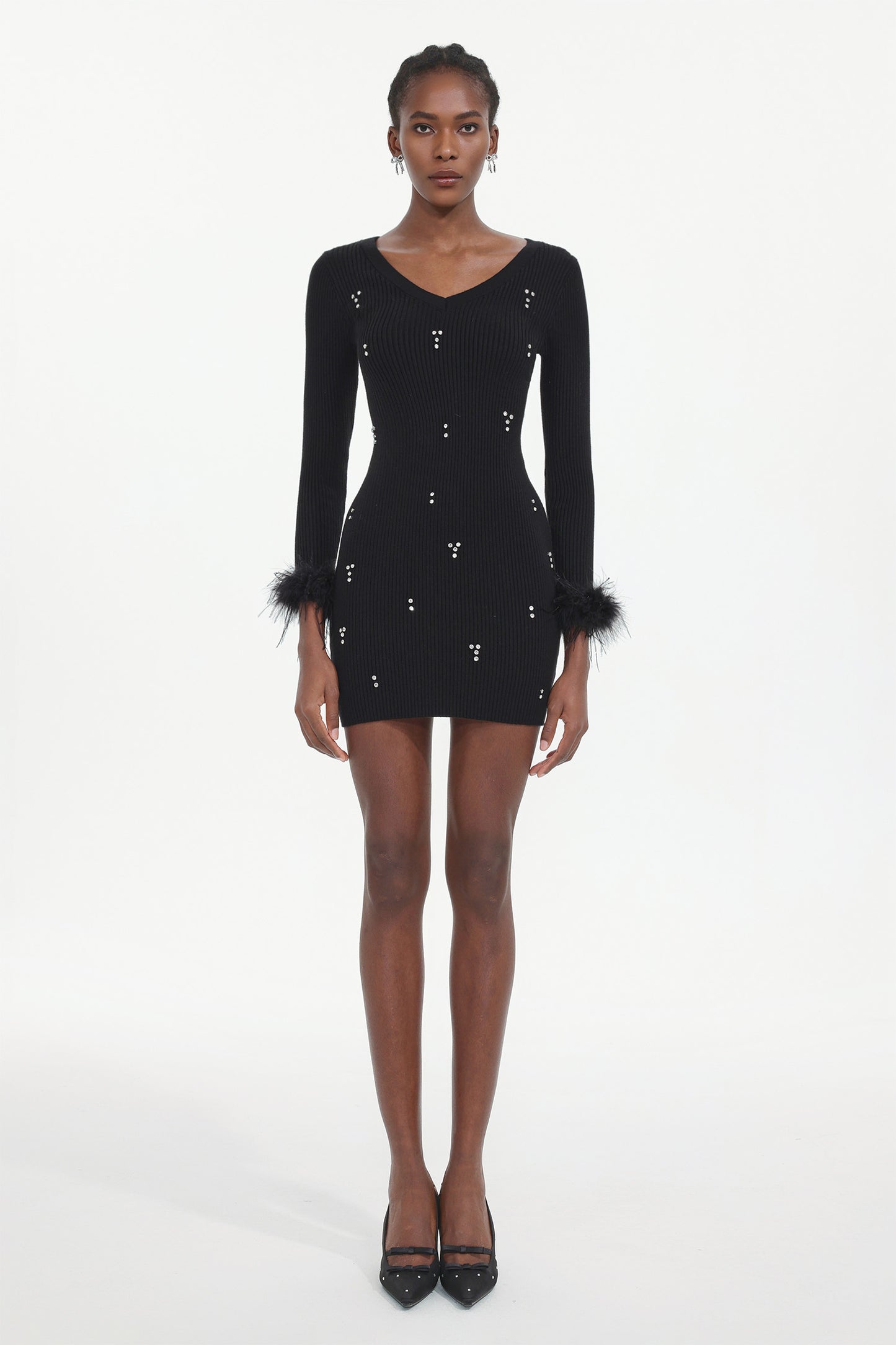 Vestido Moua em Tricô com Strass e Penas