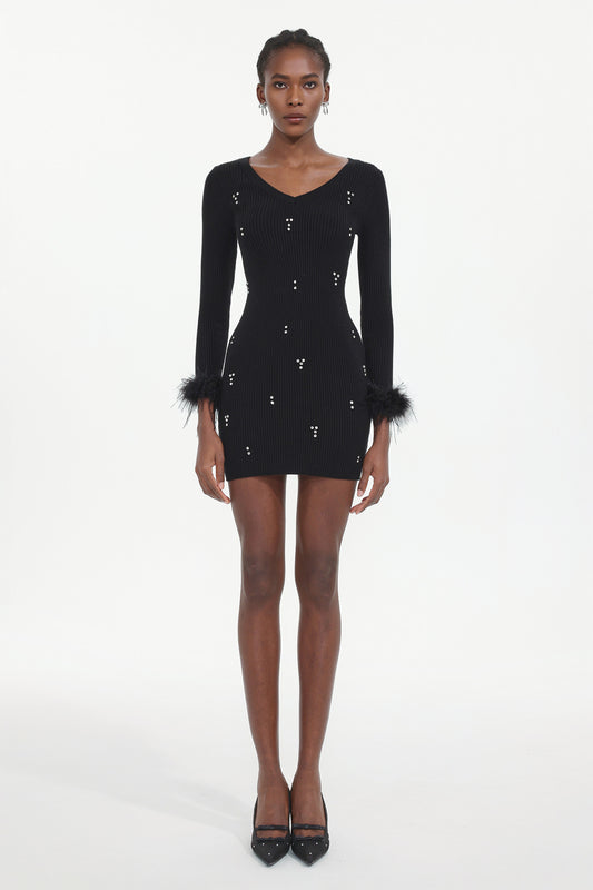 Vestido Moua em Tricô com Strass e Penas