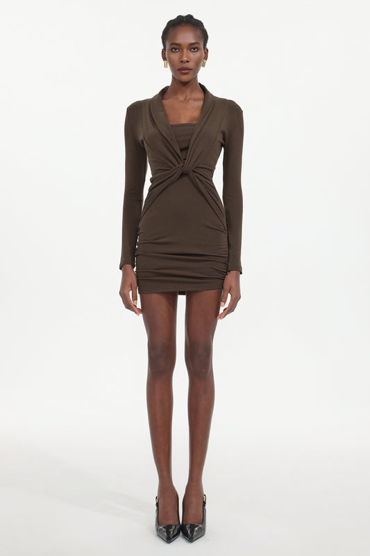 Vestido Mini Elleri em Tricô com Torção e Manga Longa
