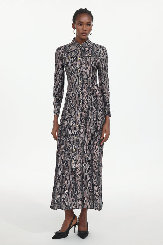 Vestido Maxi Tinnie Elegant Manga Longa Tecido Padronagem Cobra