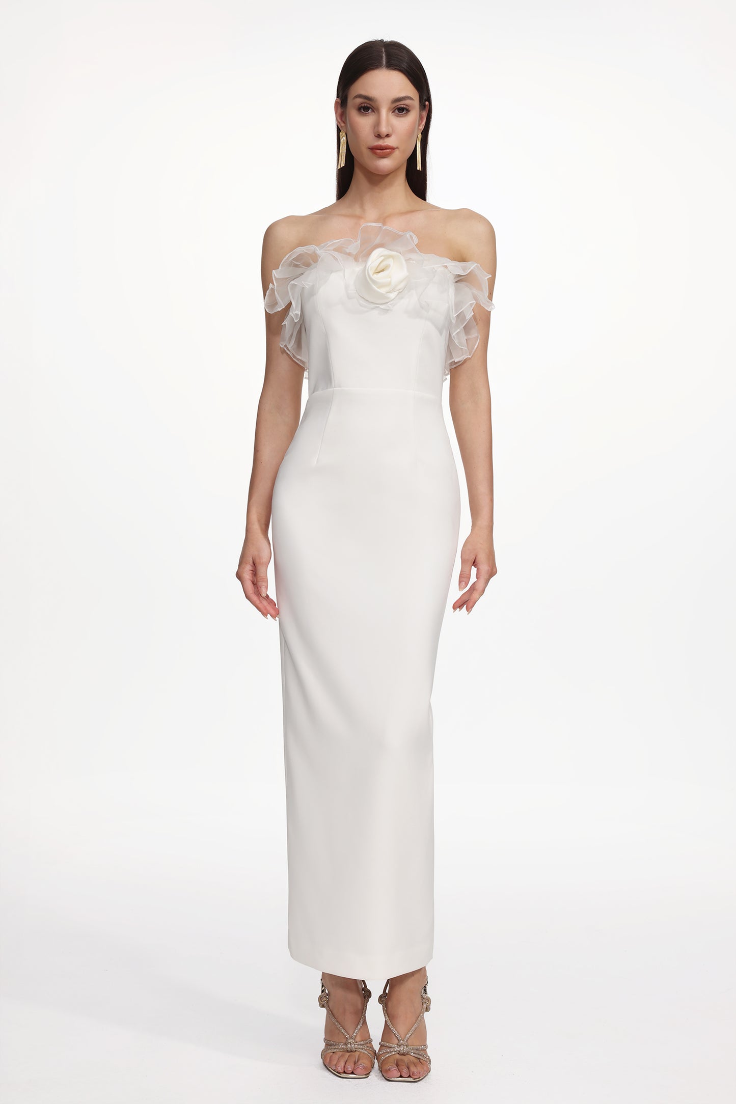 Vestido Maxi Oana Elegant Contorno Sem Alças com Babado e Flores