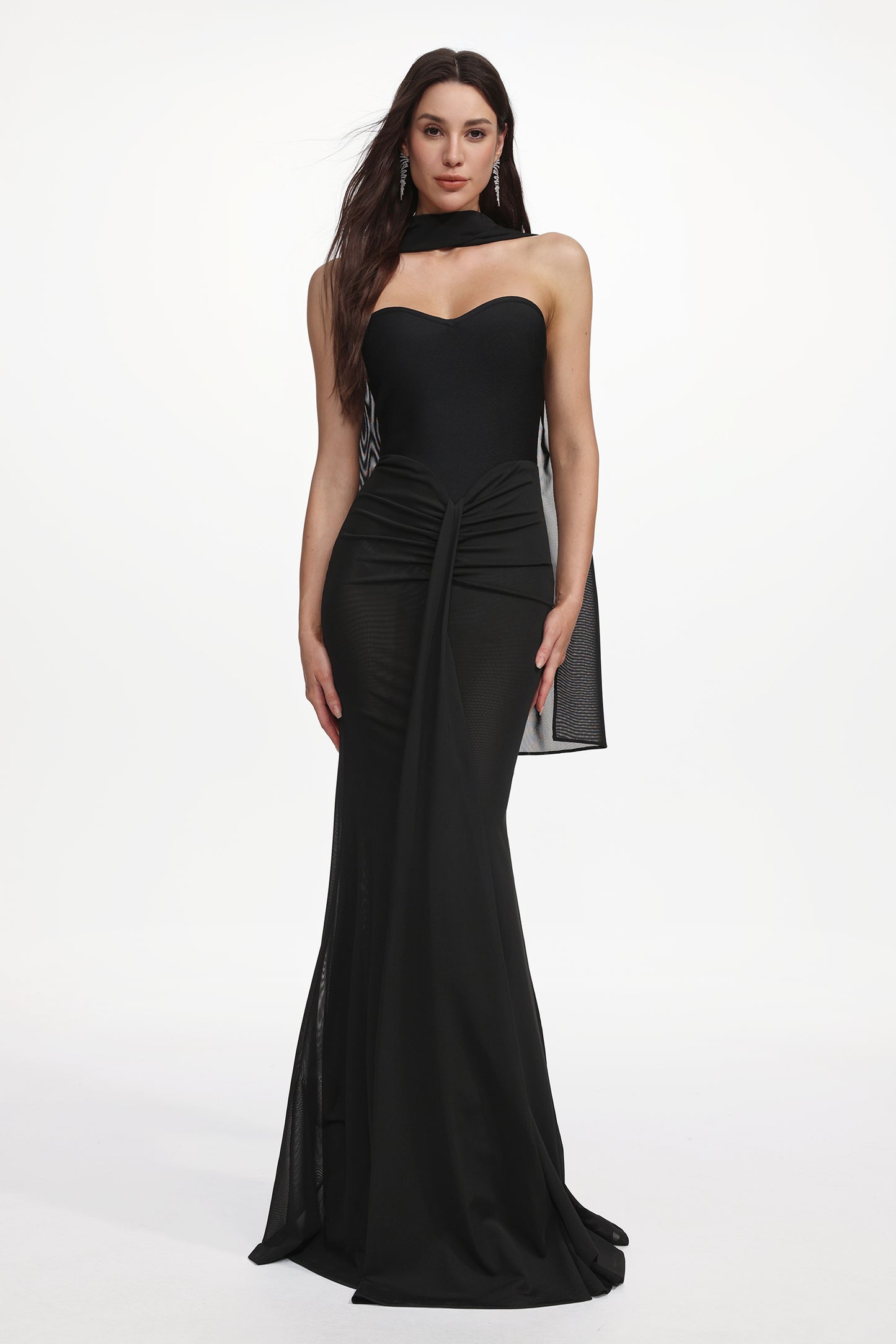 Vestido Maxi Lucifa Bandagem Sem Alças com Lenço e Franzidos