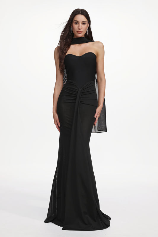 Vestido Maxi Lucifa Bandagem Sem Alças com Lenço e Franzidos