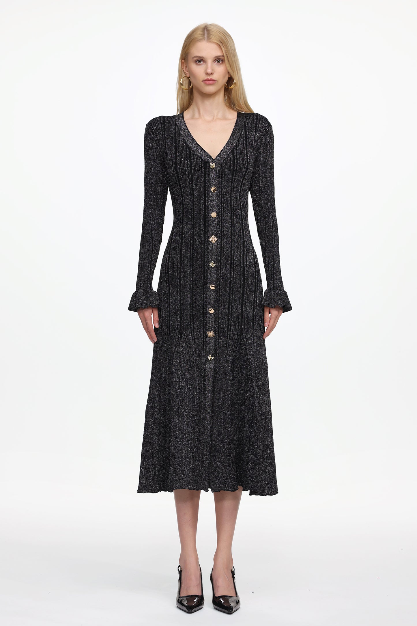 Vestido Maxi Verga em Tricô com Botões Frontais