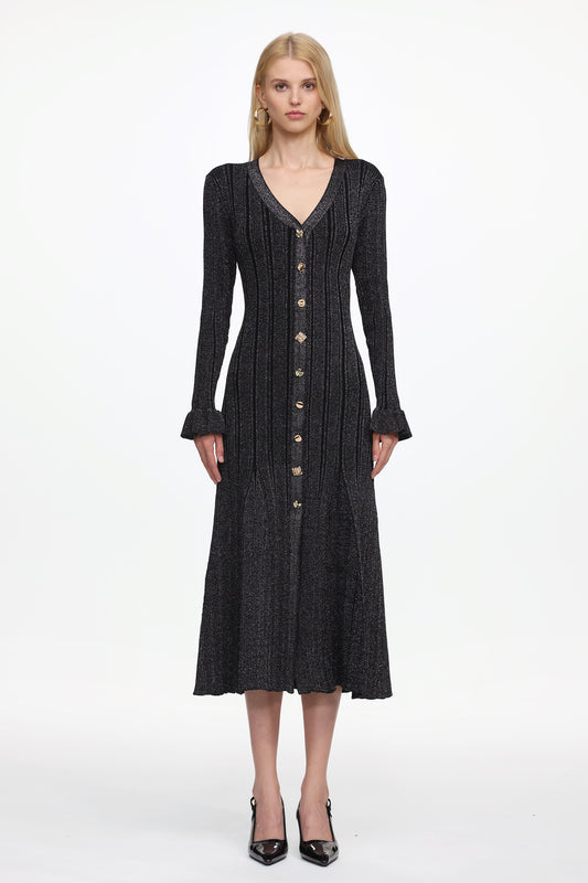 Vestido Maxi Verga em Tricô com Botões Frontais