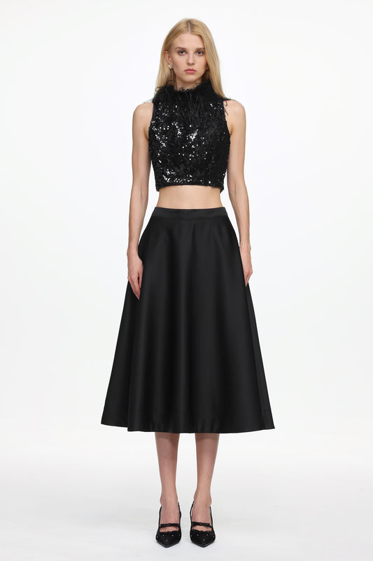 Conjunto Chic Contour Sem Mangas em Paetê, Pena e Veludo com Saia em Cetim