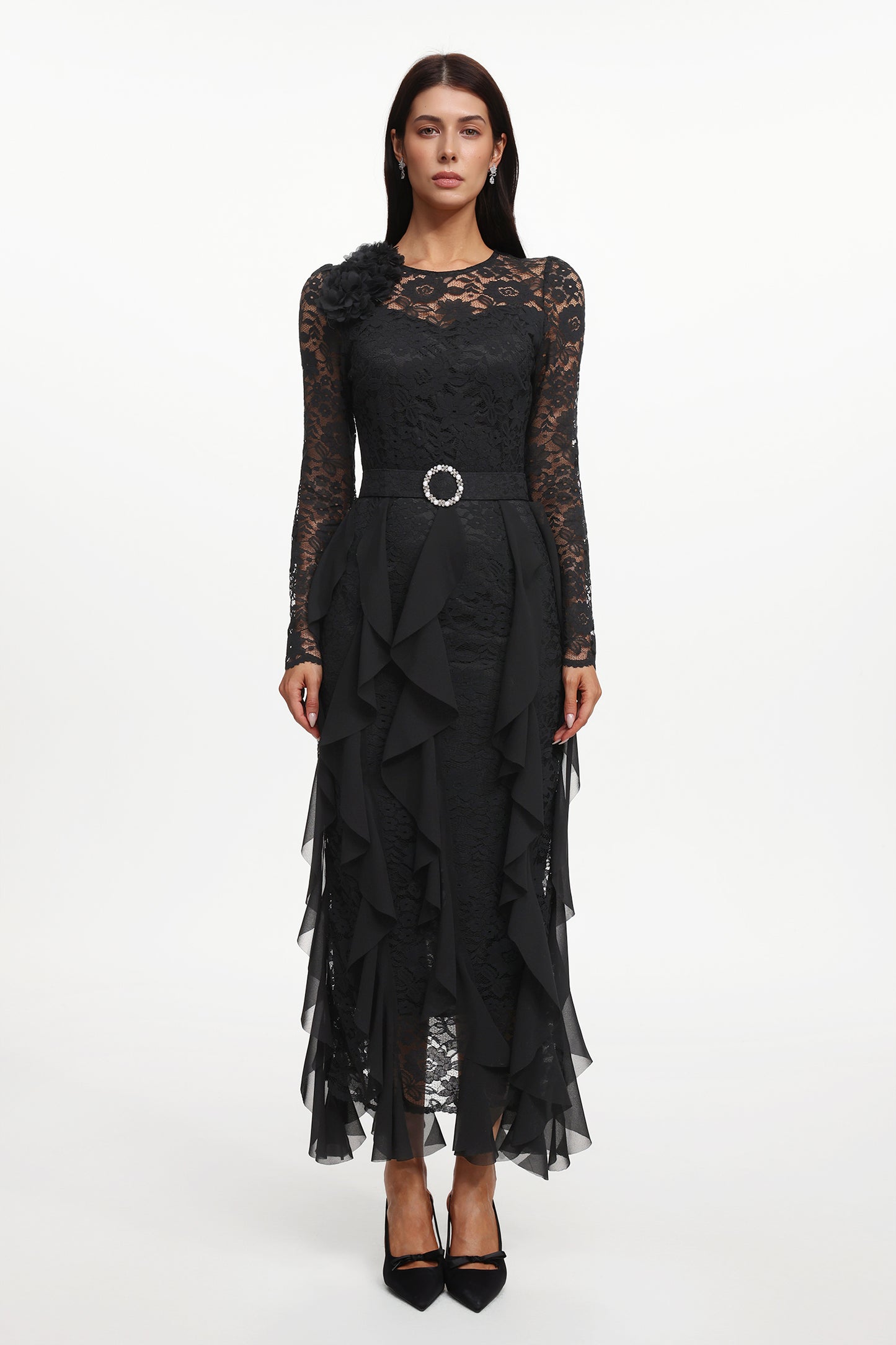 Vestido Longo Eyola com Manga Longa e Renda
