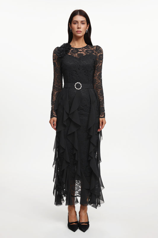 Vestido Longo Eyola com Manga Longa e Renda