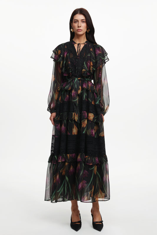Vestido Longo Gilian Resort em Tecido com Estampa Floral e Babado