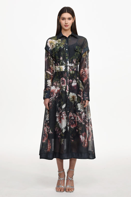 Vestido Maxi Frida Manga Longa Estampa Floral Tecido Preto