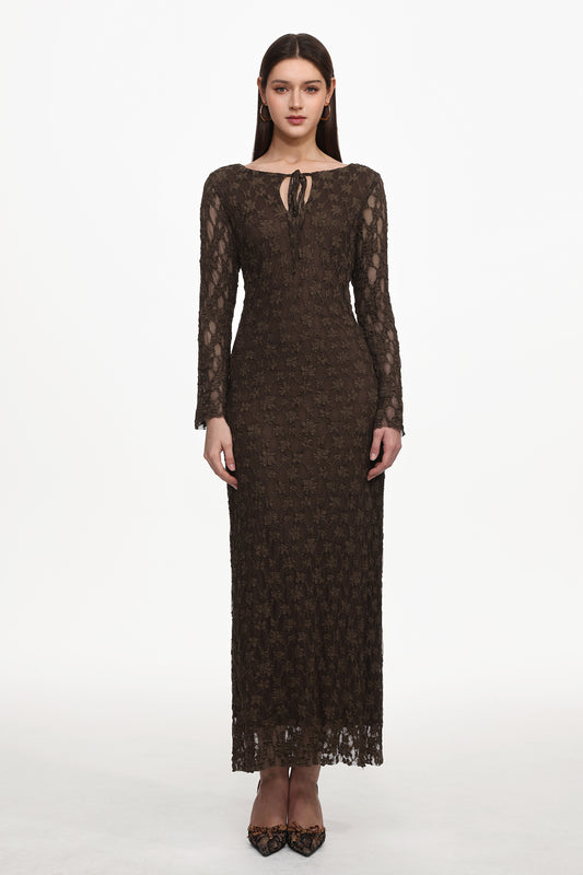 Vestido Maxi Kyli com Renda e Manga Longa