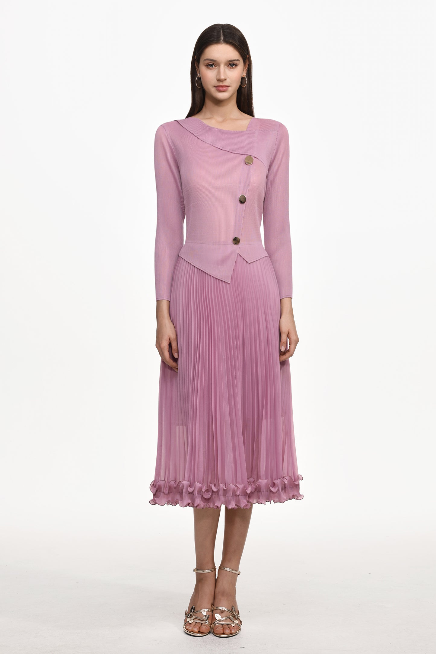 Vestido Maxi Lalie Resort Manga Longa com Babado e Pregas em Tricô