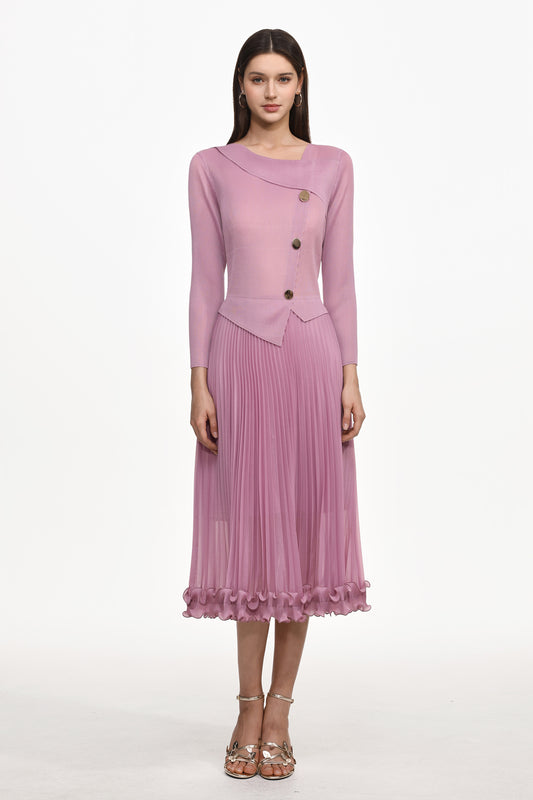 Vestido Maxi Lalie Resort Manga Longa com Babado e Pregas em Tricô