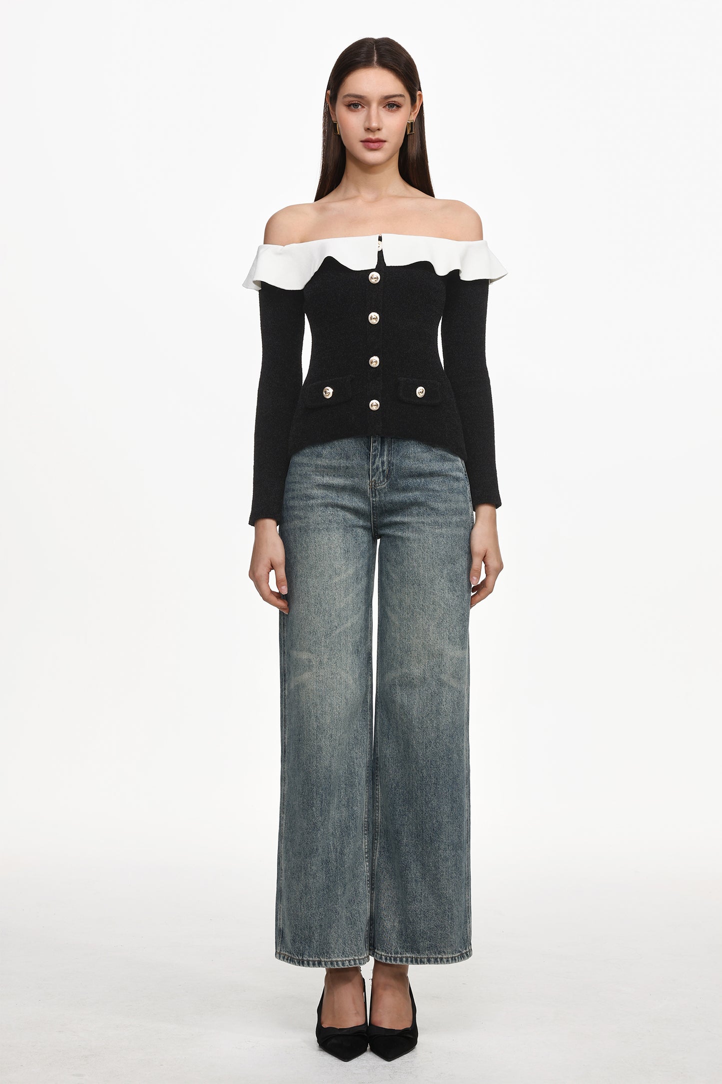 Top Vintage Mignon Ombro a Ombro com Manga Longa
