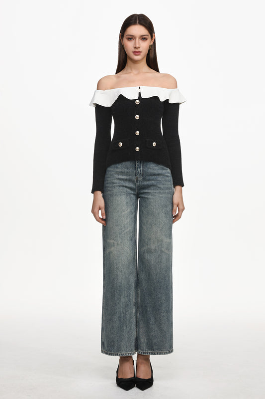 Top Vintage Mignon Ombro a Ombro com Manga Longa