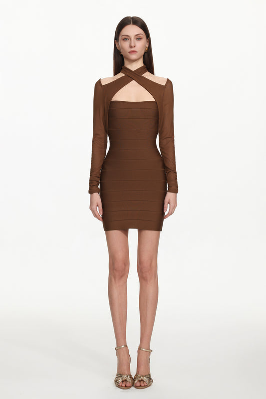 Vestido Mini Estrela Bandage com Sobreposição e Manga Longa