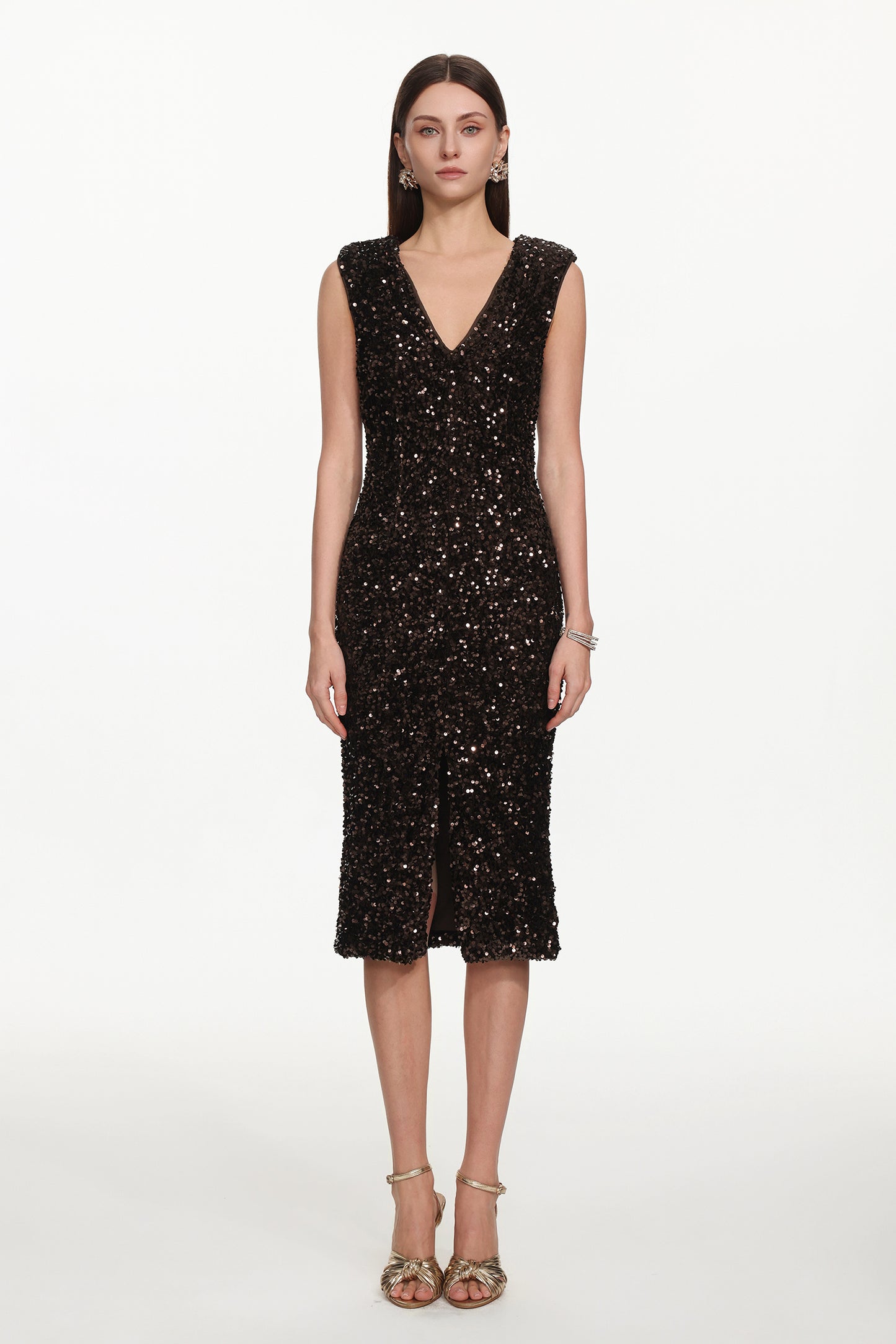Vestido Midi Viney com Decote V e Paetês