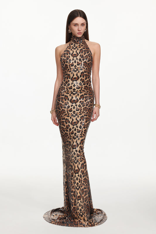 Vestido Maxi Myka em Paetê com Estampa Animal Print e Decote Halter