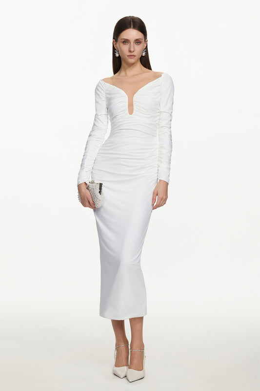 Vestido Maxi Gala Chic com Ombro a Ombro e Drapeado
