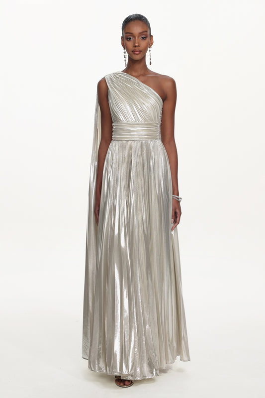 Vestido Maxi Leyla com Um Ombro, Drapeado e Pregas Metalizadas