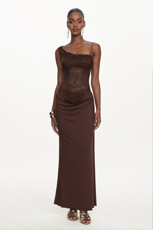 Vestido Maxi Ymmi com Ombro Único em Tricô com Renda