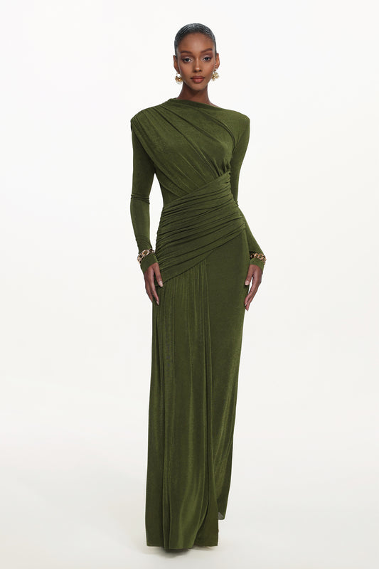 Vestido Maxi Tryphosa com Franzido em Tricô de Manga Longa