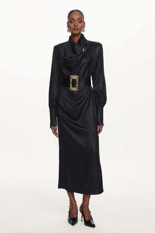 Vestido Maxi Indi Chic Manga Longa Gola Cowl com Cinto