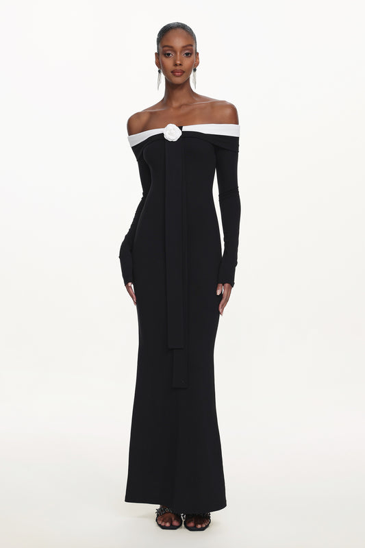 Vestido Maxi Glylah com Decote Ombro a Ombro e Manga Longa