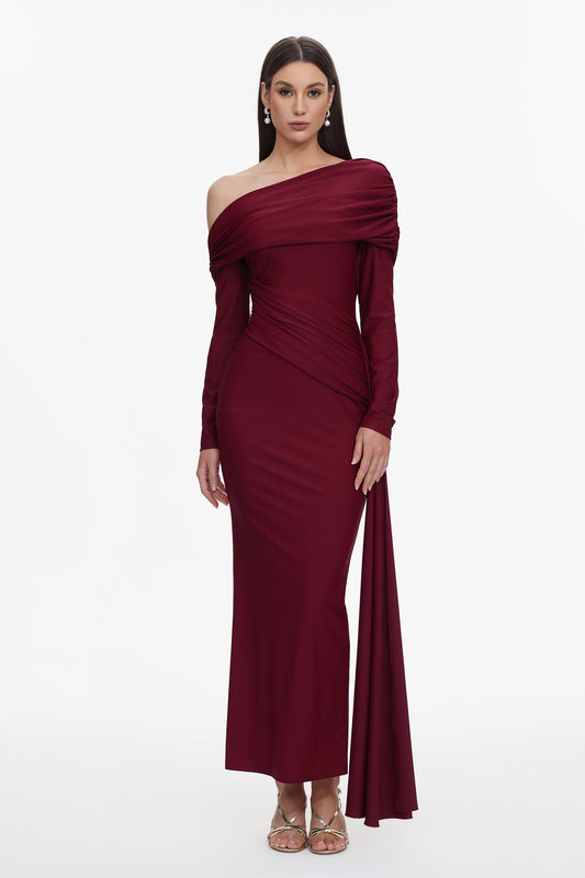 Vestido Maxi Emory com Pregas Ombro Único Manga Longa