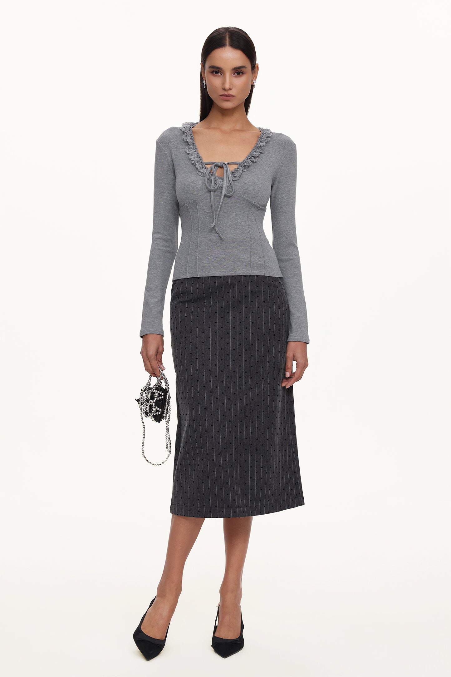 Top Jenny Chic Decote V Manga Longa em Tricô com Renda
