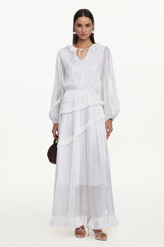 Vestido Maxi Hlasa Resort com Manga Longa e Babado