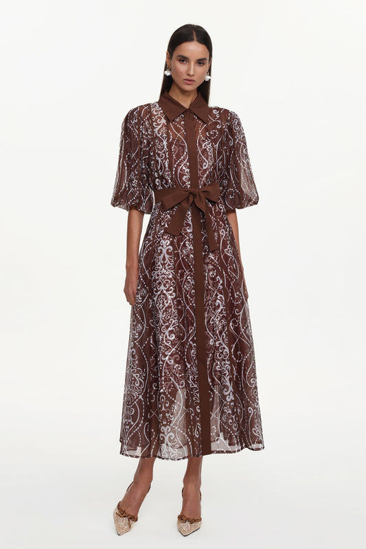Vestido Maxi Vakana Resort Manga Bufante Floral em Tecido Marrom
