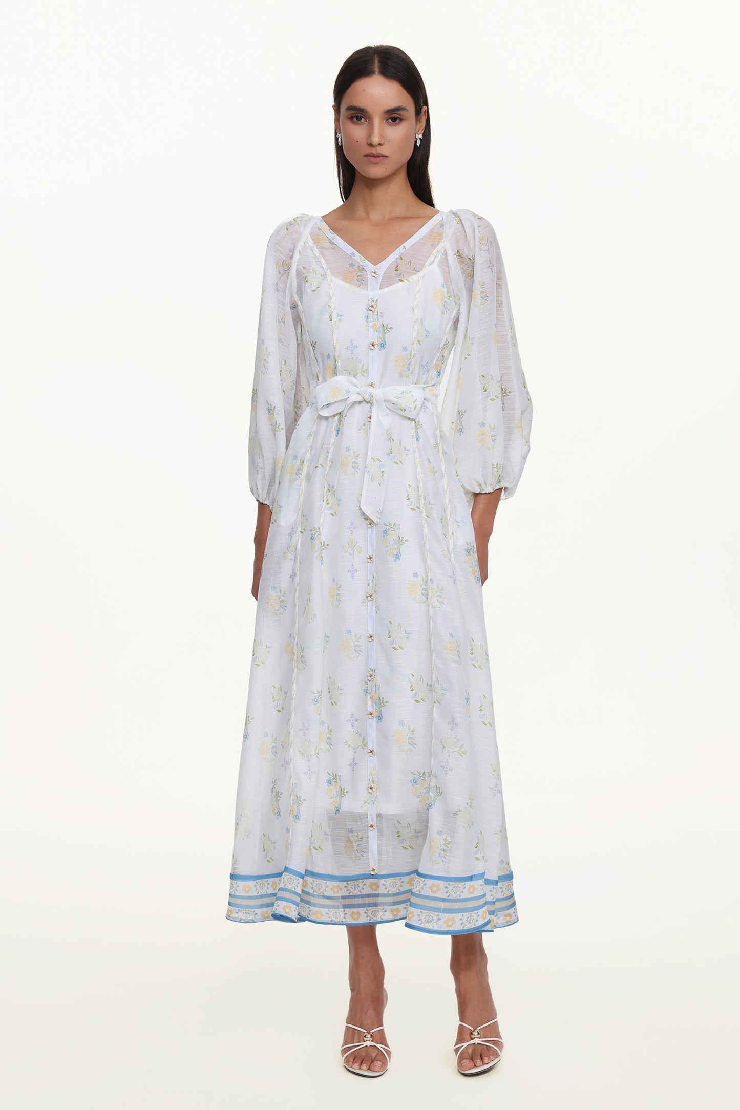 Vestido Longo Jinx Resort com Decote em V, Manga Longa e Estampa Floral