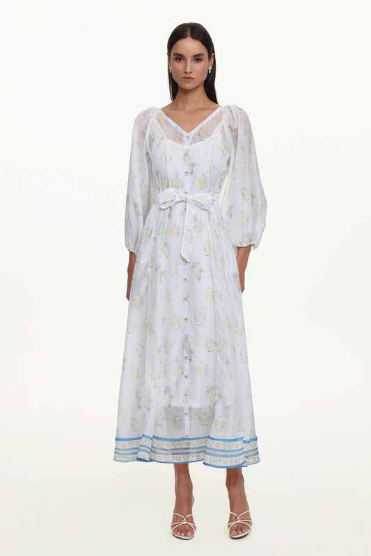 Vestido Longo Jinx Resort com Decote em V, Manga Longa e Estampa Floral