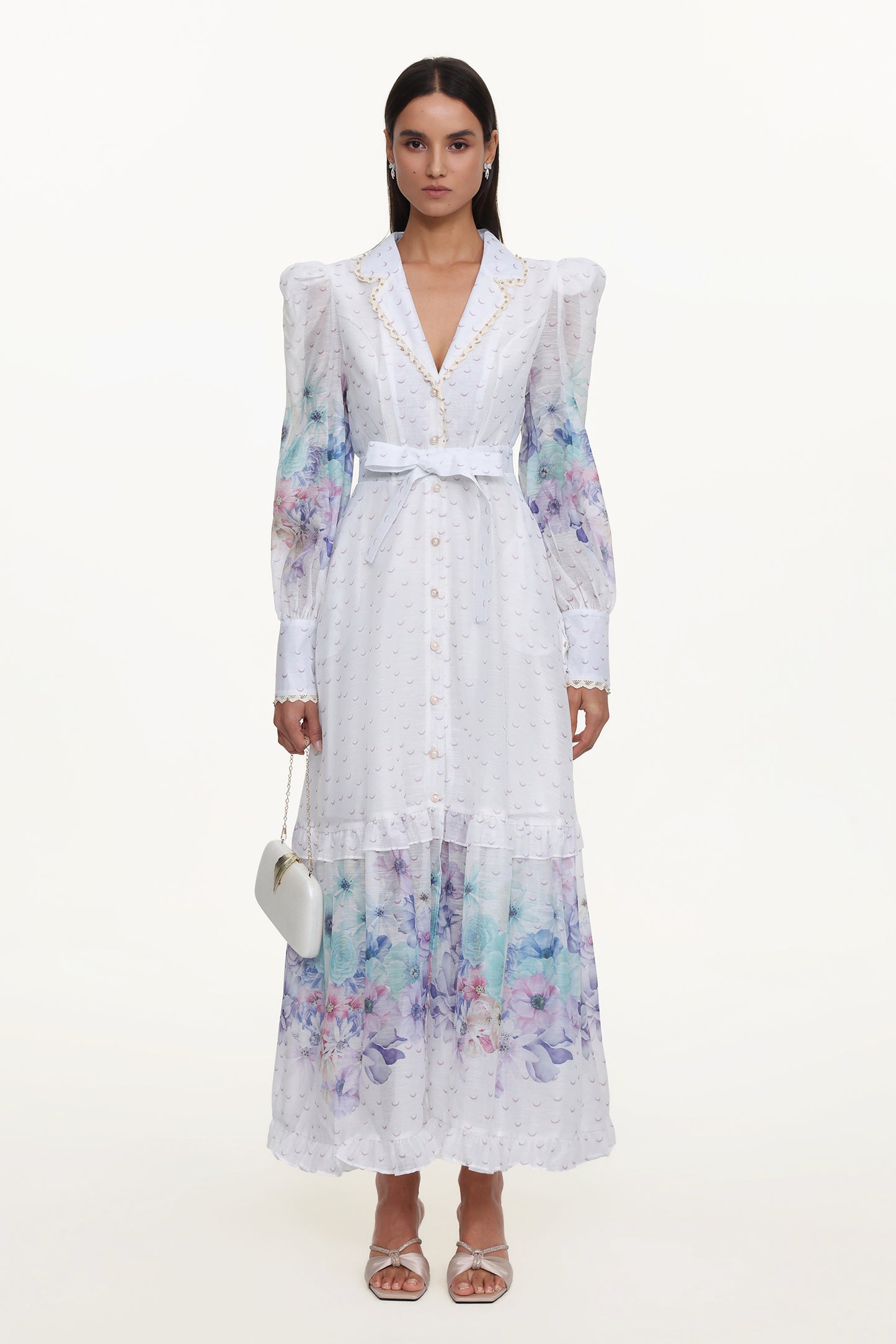Vestido Maxi Rina Resort Floral com Manga Longa e Babado