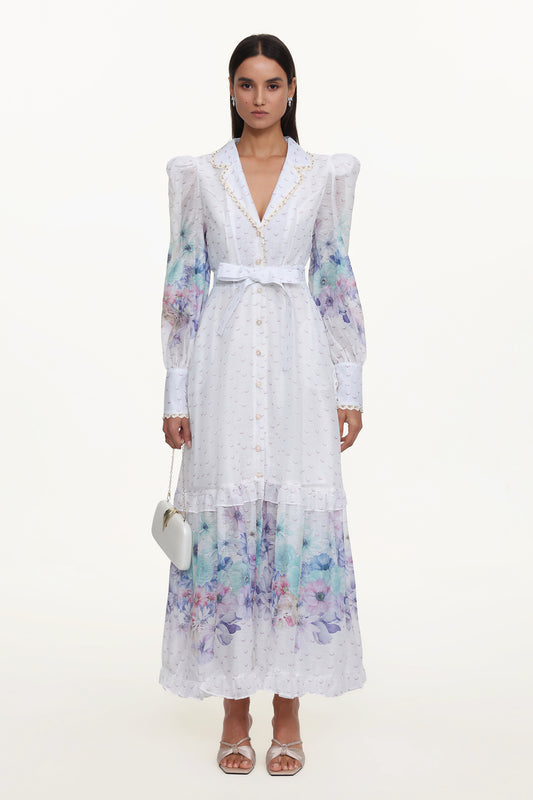 Vestido Maxi Rina Resort Floral com Manga Longa e Babado