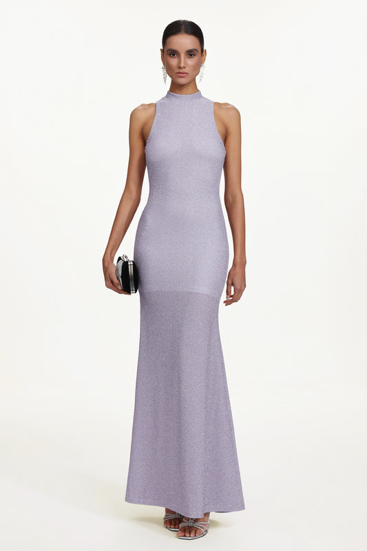 Vestido Maxi Teela Elegante Halter Sem Mangas com Efeito Shimmer