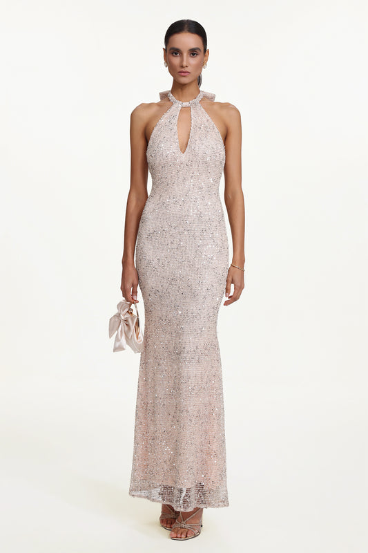 Halter Cut Out Paetê Saslim — Vestido Maxi