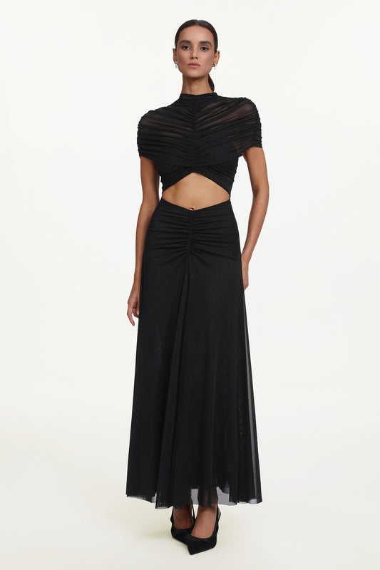 Vestido Maxi Iaka Chic com Recorte e Mesh Franzido